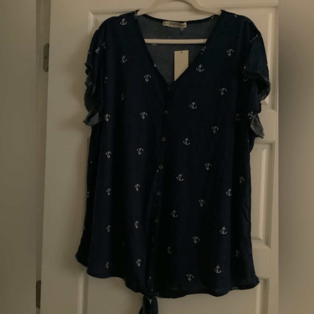 NWT Navy Blue Anchor Tie Bottom Short Sleeve Shirt 2X